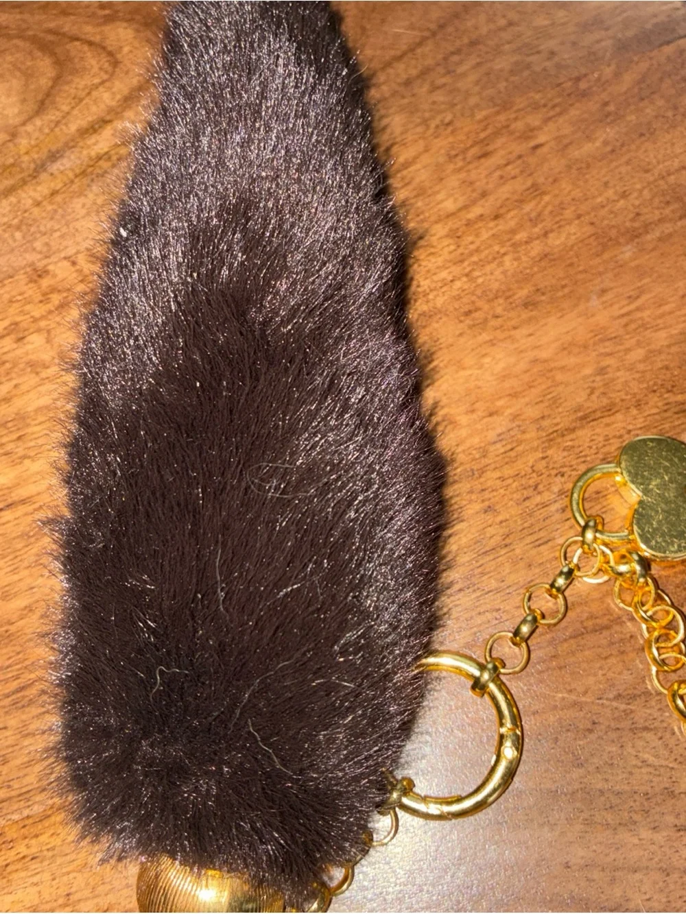 H&M Dark Brown Faux Fur Key & Card Holder with Gold Heart Charm